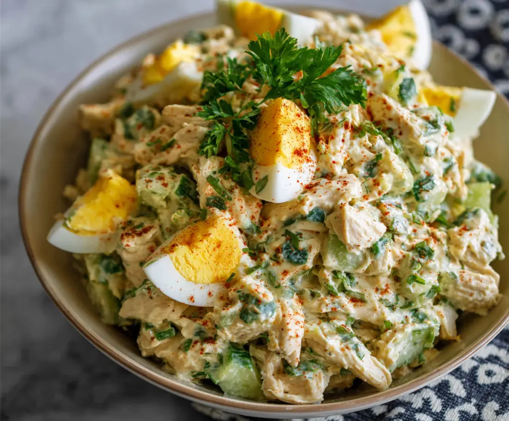 Delicious classic high-protein chicken and egg salad in a bowl, perfect for a healthy meal.