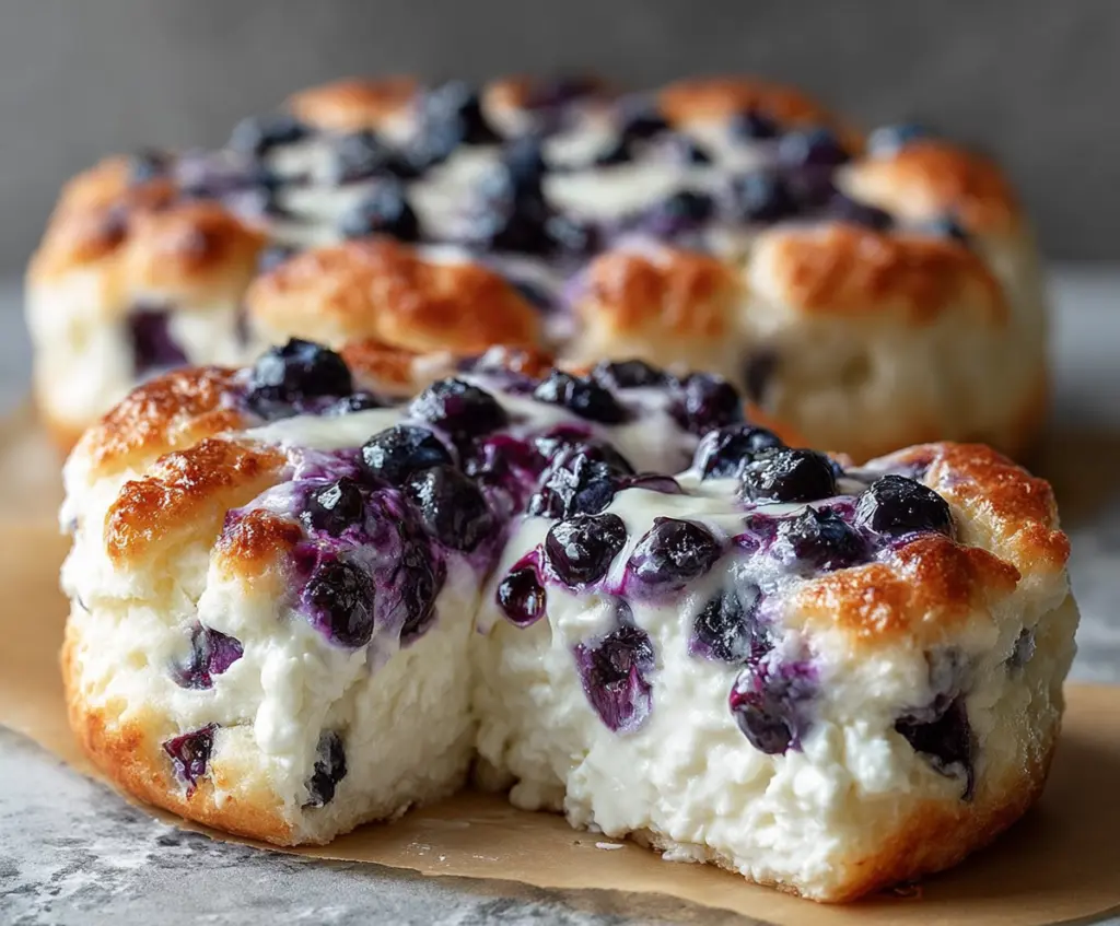 Delicious Cottage Cheese Blueberry Cloud Bread fresh out of the oven with vibrant blueberries on top.