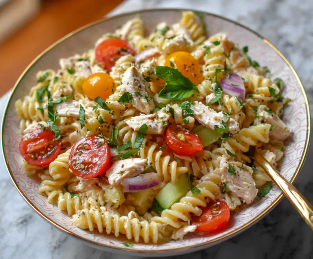 Creamy Cottage Cheese Chicken Pasta Salad with fresh herbs and vegetables, perfect for a healthy meal.