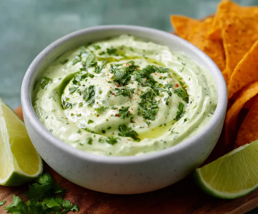Creamy avocado cilantro lime dip served in a white bowl with fresh cilantro and lime slices.