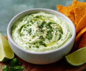 Creamy avocado cilantro lime dip served in a white bowl with fresh cilantro and lime slices.