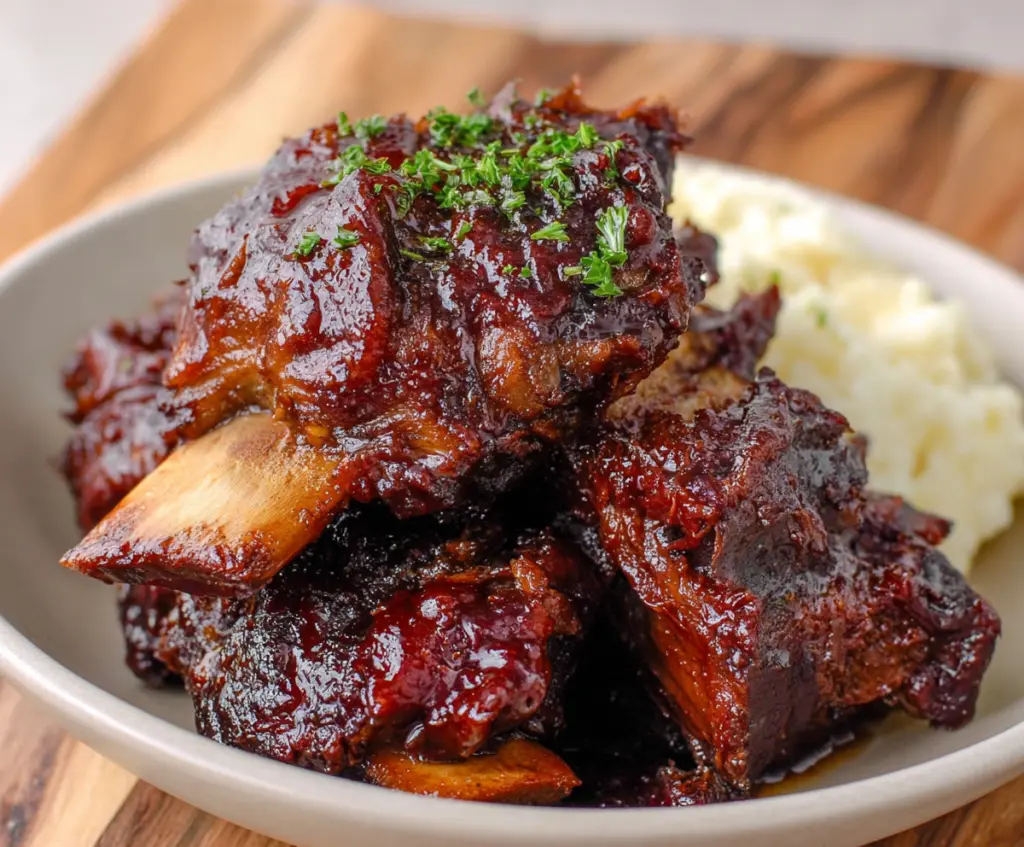 Delicious crockpot BBQ beef ribs with a smoky glaze served on a platter
