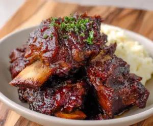Delicious crockpot BBQ beef ribs with a smoky glaze served on a platter