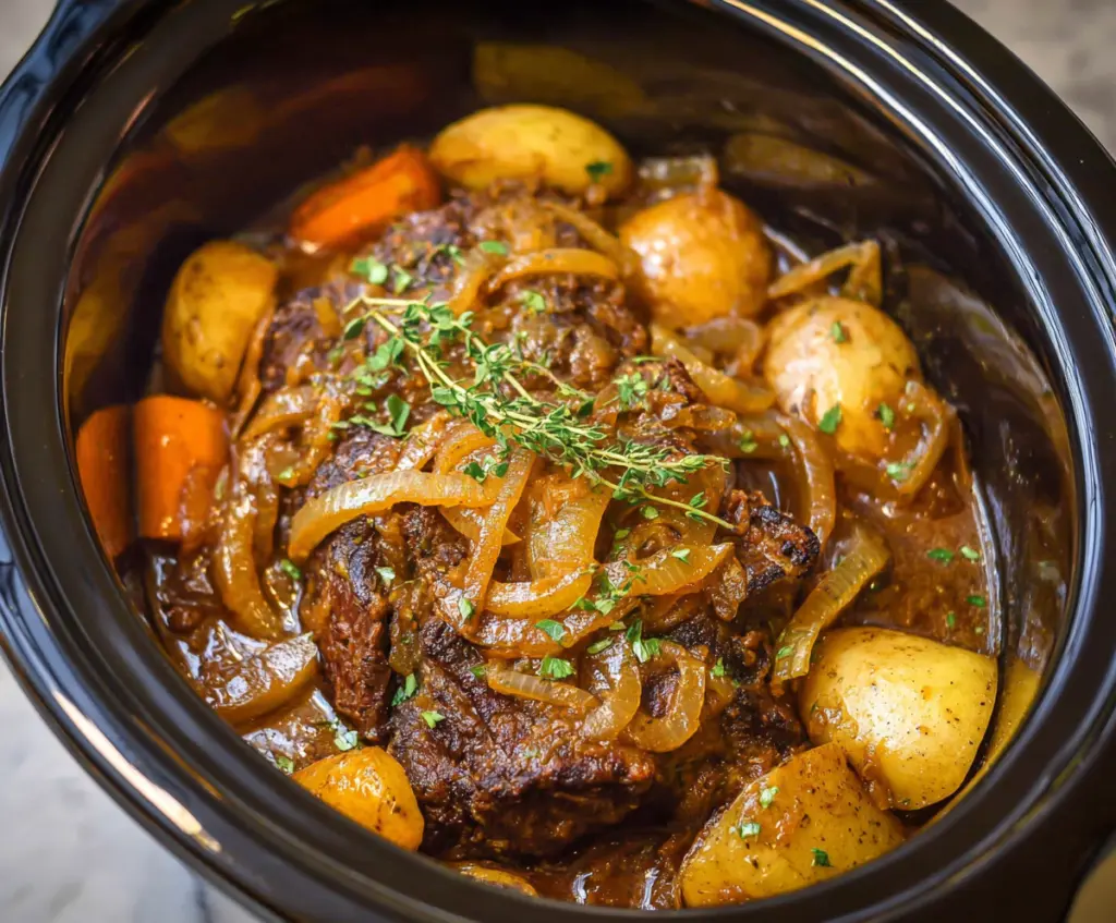 Delicious Crockpot French Onion Pot Roast with caramelized onions and tender meat in a slow cooker.