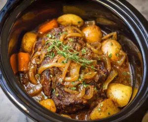 Delicious Crockpot French Onion Pot Roast with caramelized onions and tender meat in a slow cooker.