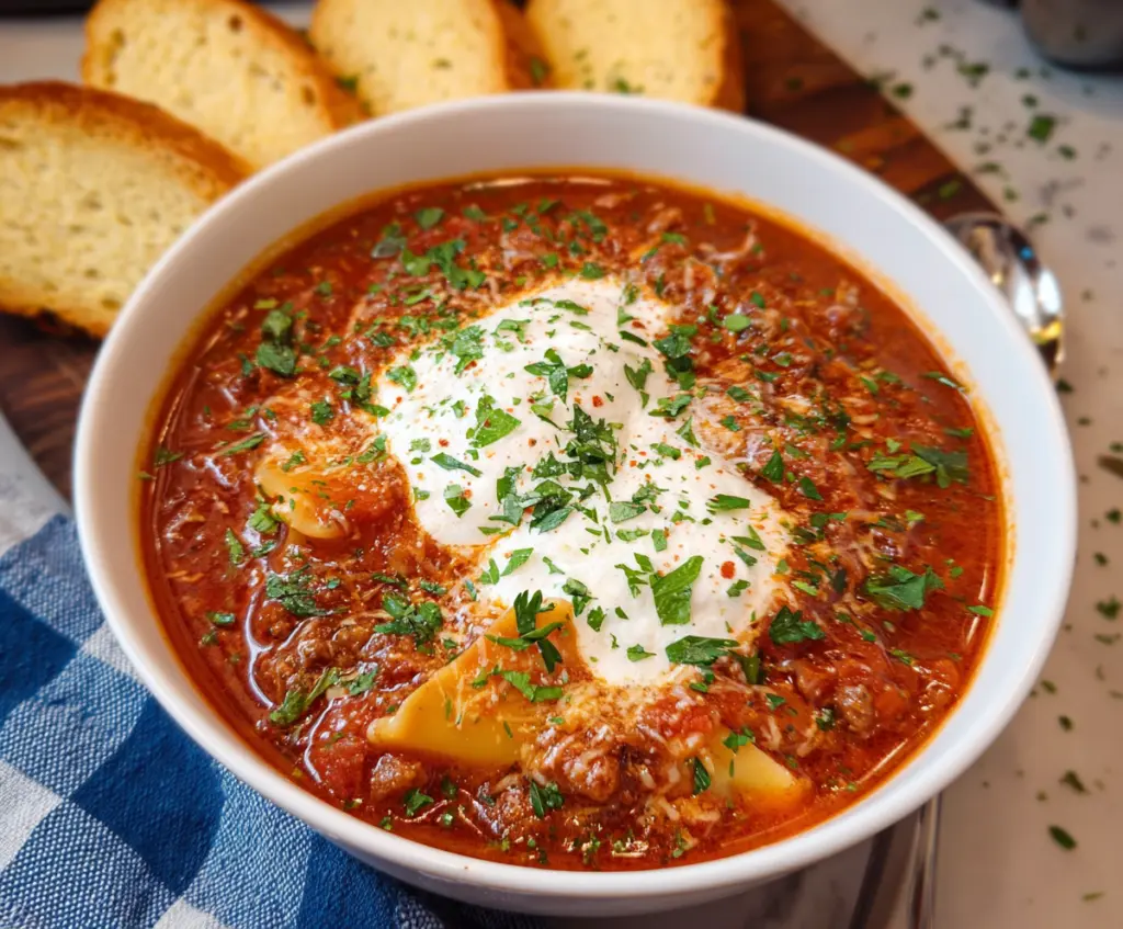 Delicious Crockpot Lasagna Soup with layers of cheese, meat, and pasta in a savory broth.