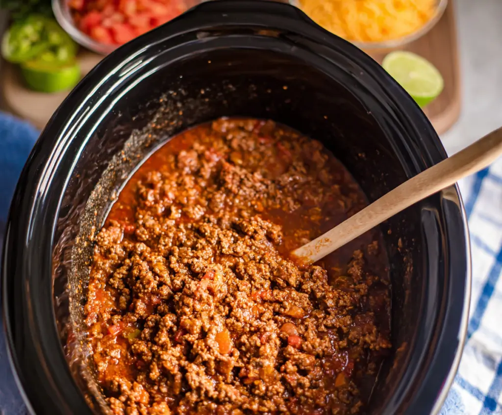Delicious Crockpot Taco Meat in a bowl, ready for tacos or salads.