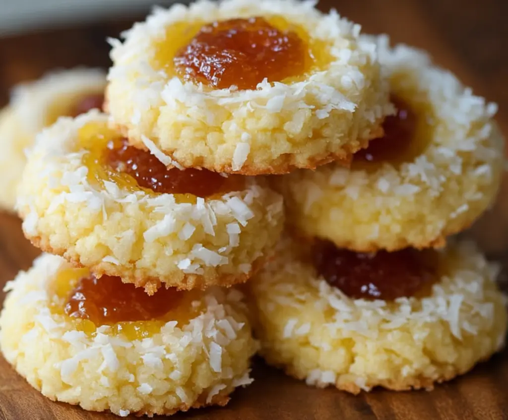 Delicious Hawaiian pineapple coconut thumbprint cookies arranged on a plate, showcasing their golden-brown crust and tropical toppings.