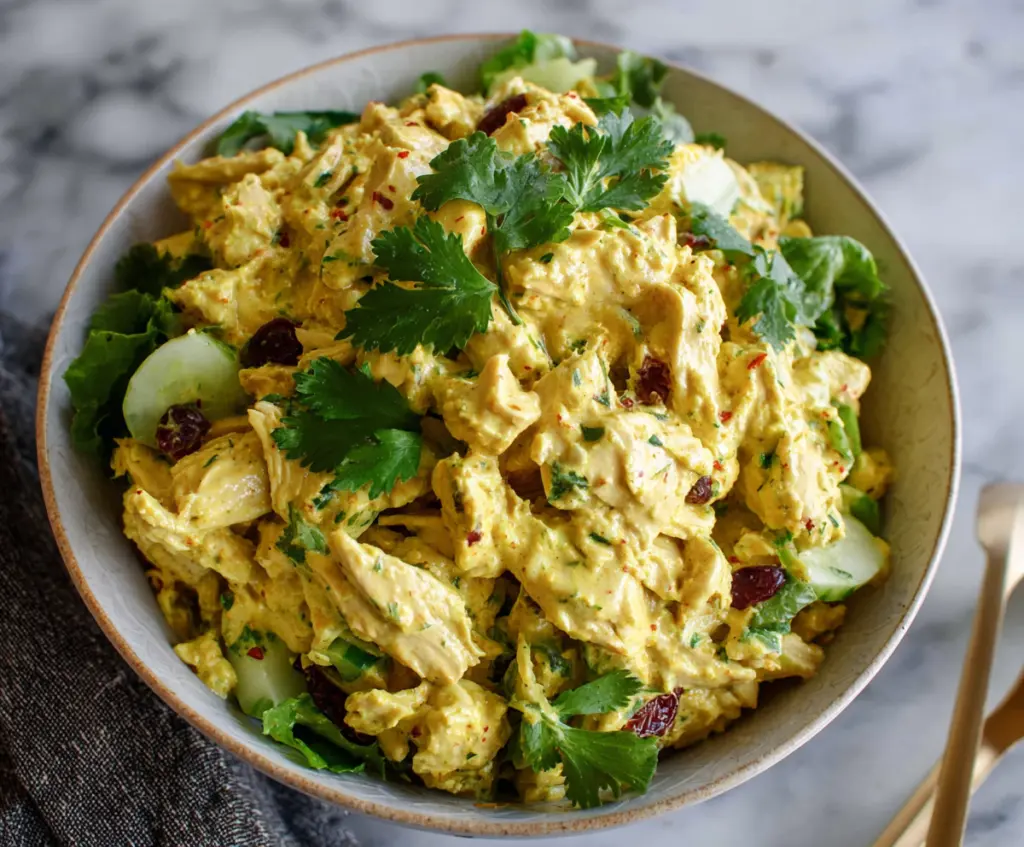 Creamy Greek Yogurt Curry Chicken Salad with fresh herbs and spices in a bowl.