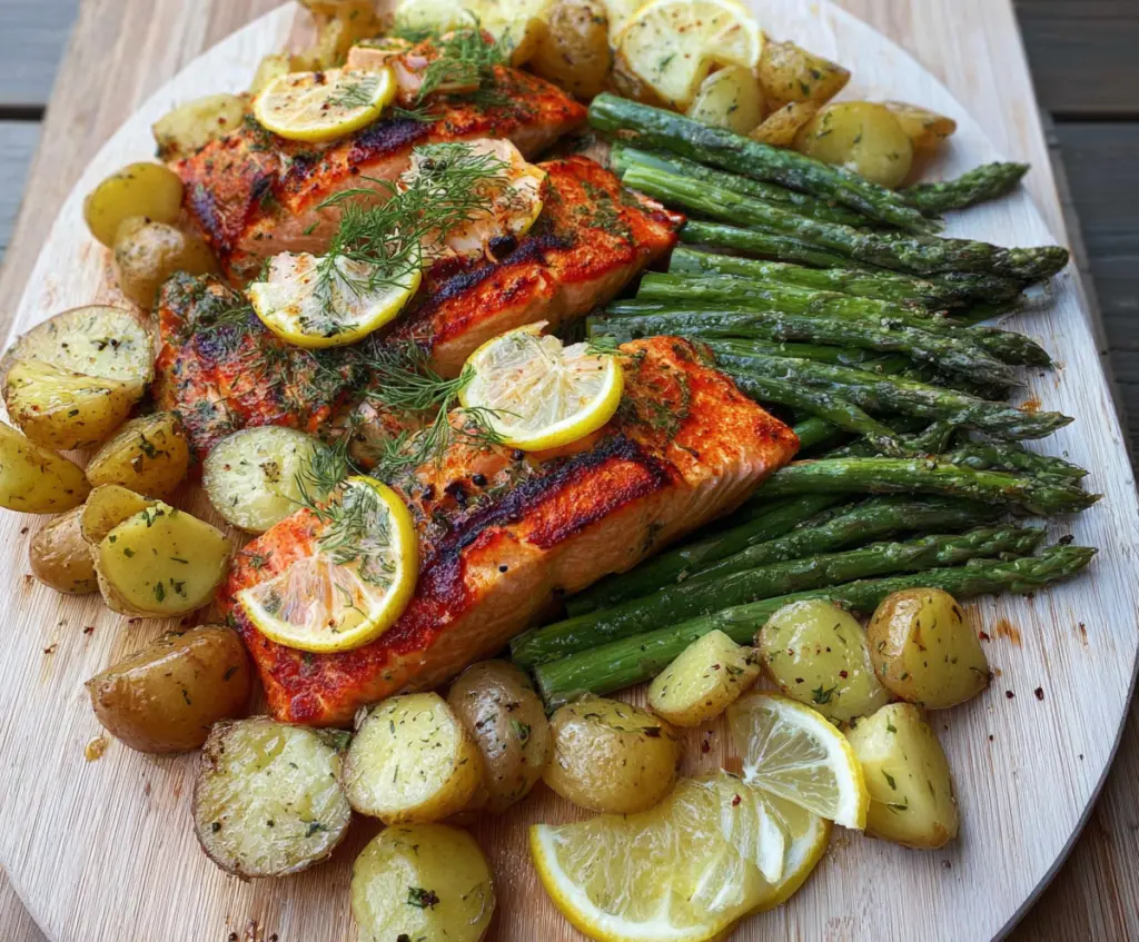 Delicious grilled lemon dill cedar plank salmon served with roasted potatoes and fresh asparagus.