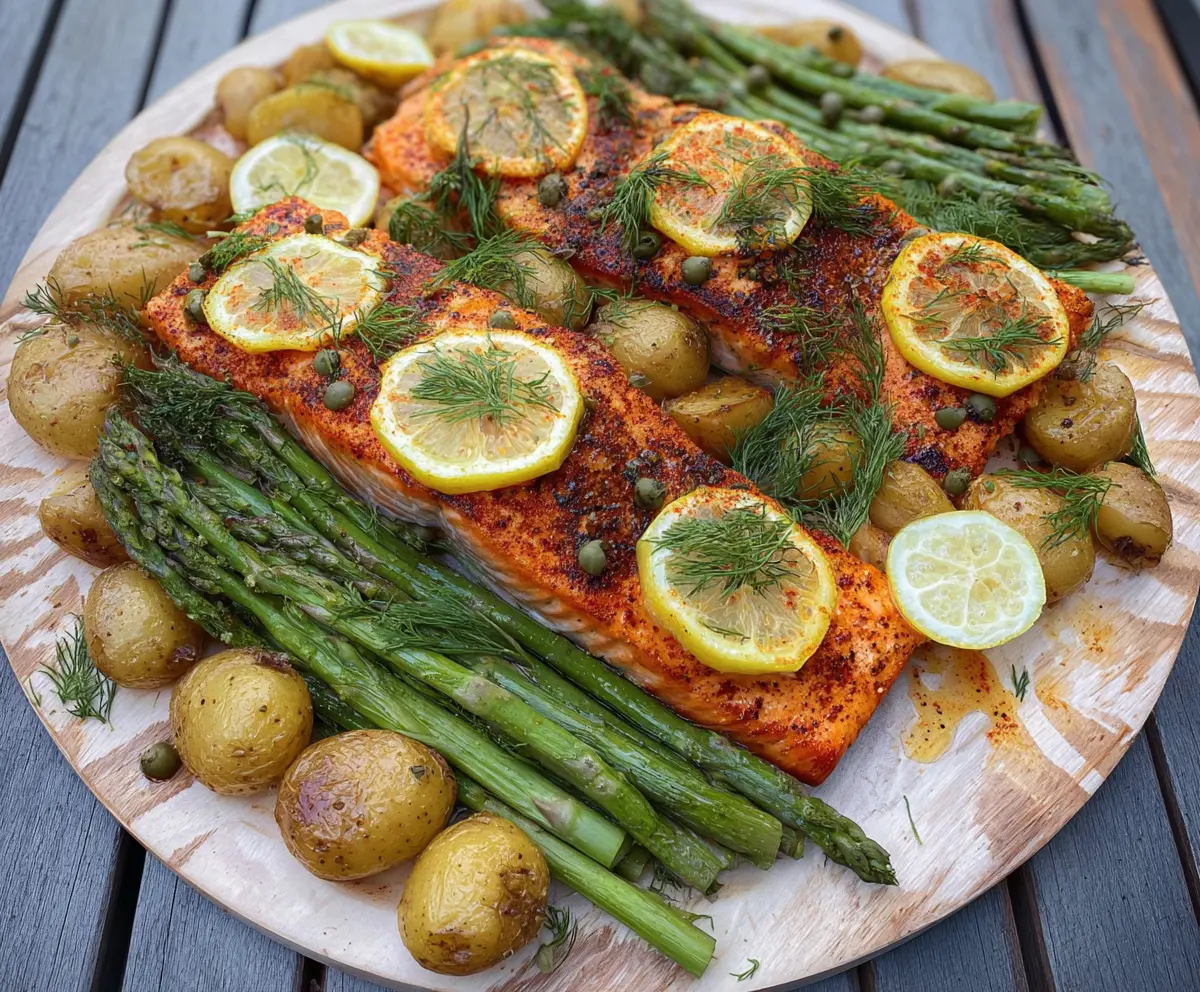 Grilled Lemon Dill Cedar Plank Salmon with Potatoes and Asparagus