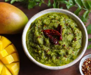 Delicious homemade Moringa Mango Chutney served in a bowl, highlighting its vibrant orange color and fresh ingredients.