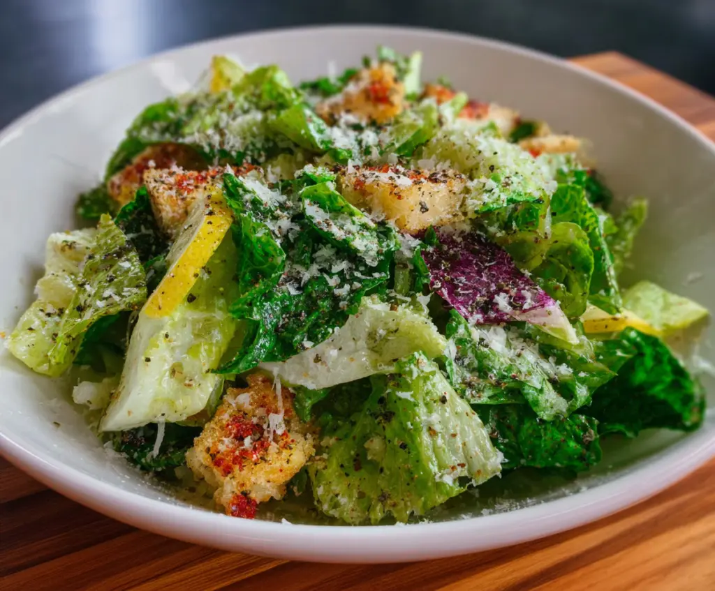 Fresh Nana's Crunchy Lemon Parmesan Salad with vibrant greens, lemon slices, and grated Parmesan cheese.