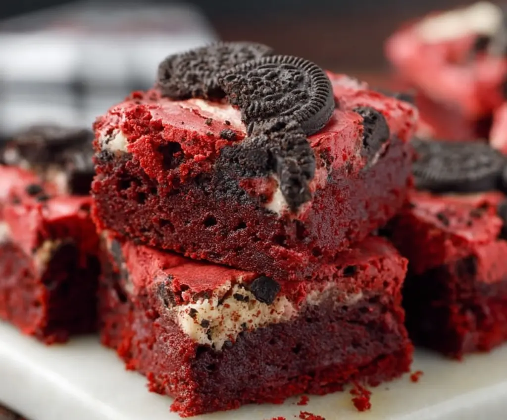 Delicious Oreo Red Velvet Brownies topped with creamy frosting and Oreo cookies, perfect for dessert lovers.