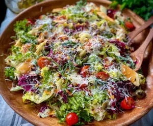 Colorful Pizza Night Salad with fresh vegetables and cheese, perfect for a quick dinner