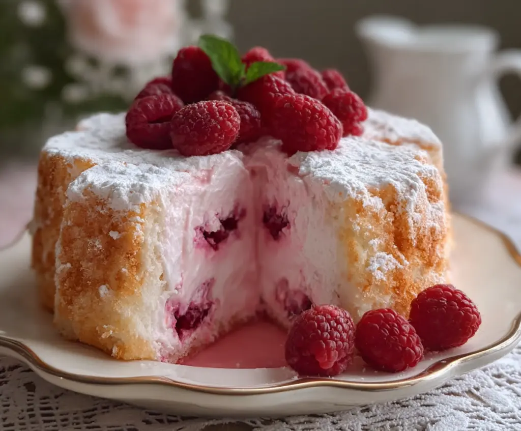 Delicious raspberry angel food cake topped with fresh raspberries and whipped cream.