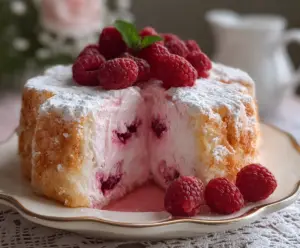 Delicious raspberry angel food cake topped with fresh raspberries and whipped cream.