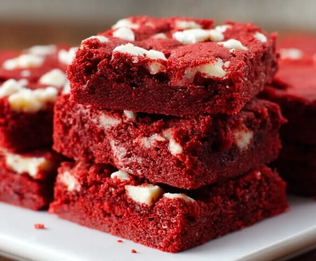 Delicious Red Velvet Brownies with a rich chocolate and cream cheese topping.