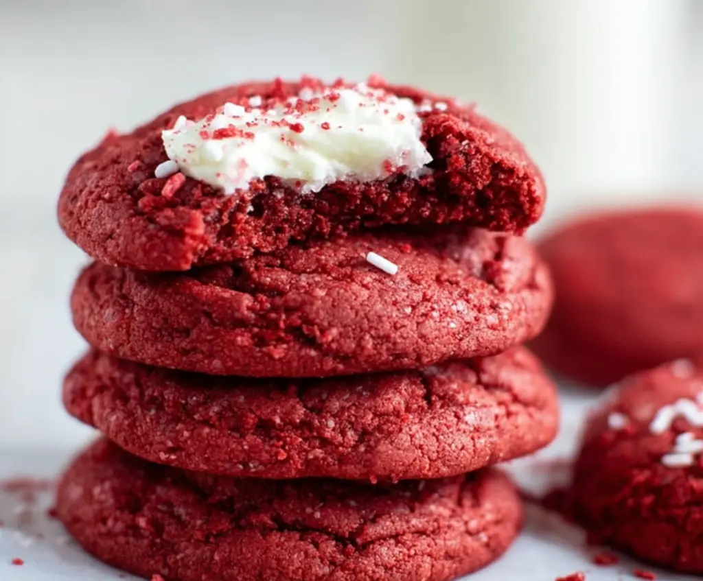 Delicious Red Velvet Cake Mix Cookies with creamy frosting on a plate