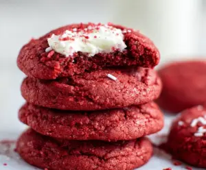 Delicious Red Velvet Cake Mix Cookies with creamy frosting on a plate