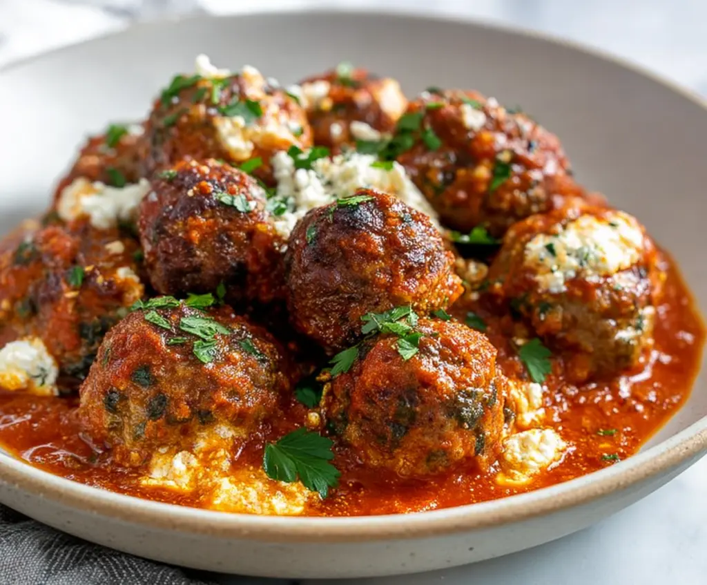 Delicious homemade ricotta cheese meatballs served on a plate with herbs