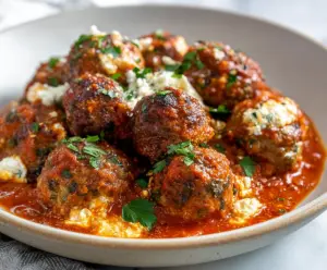 Delicious homemade ricotta cheese meatballs served on a plate with herbs