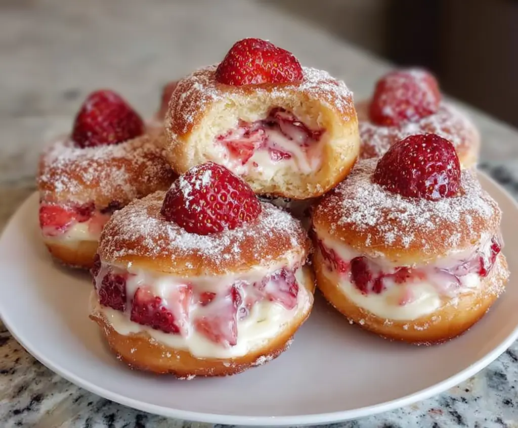 Delicious strawberry cheesecake stuffed donuts on a plate, showcasing creamy filling and fresh strawberries