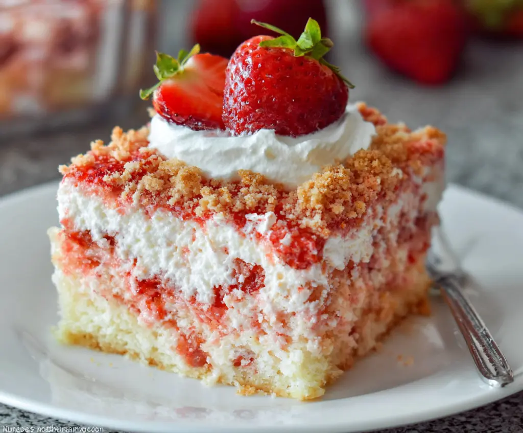 Delicious Strawberry Crunch Poke Cake topped with fresh strawberries and crunchy toppings.