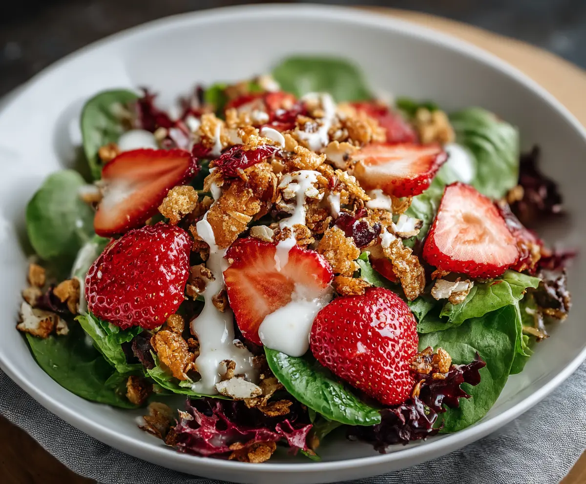 Refreshing Strawberry Crunch Salad with fresh strawberries, crunchy toppings, and sweet dressing