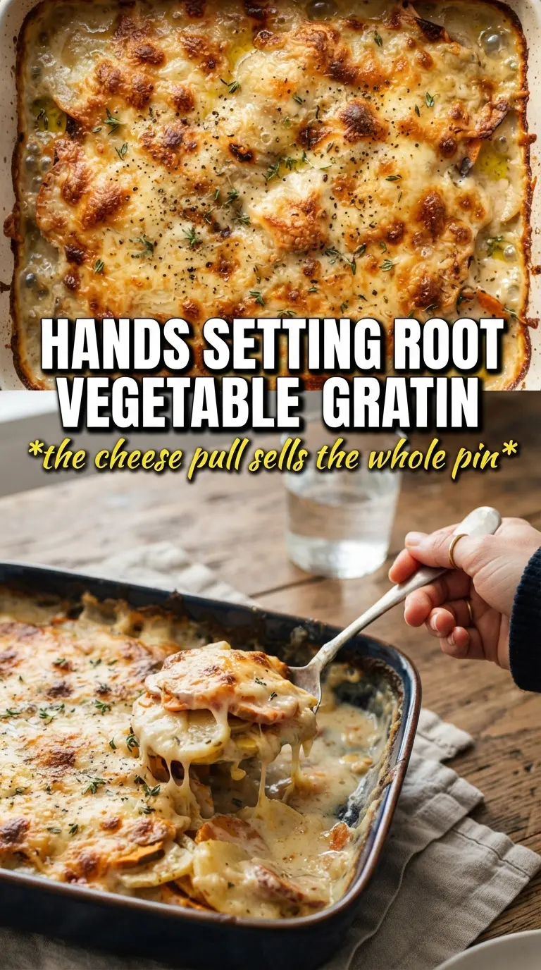 Cheesy Root Vegetable Gratin with gruyere, thyme, and golden crust