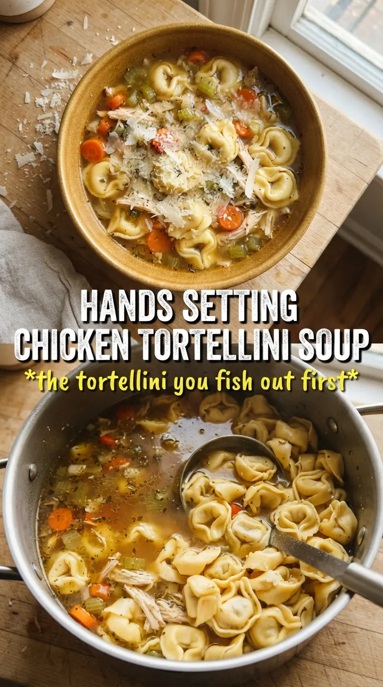 Chicken Tortellini Soup with cheese tortellini, shredded chicken, spinach