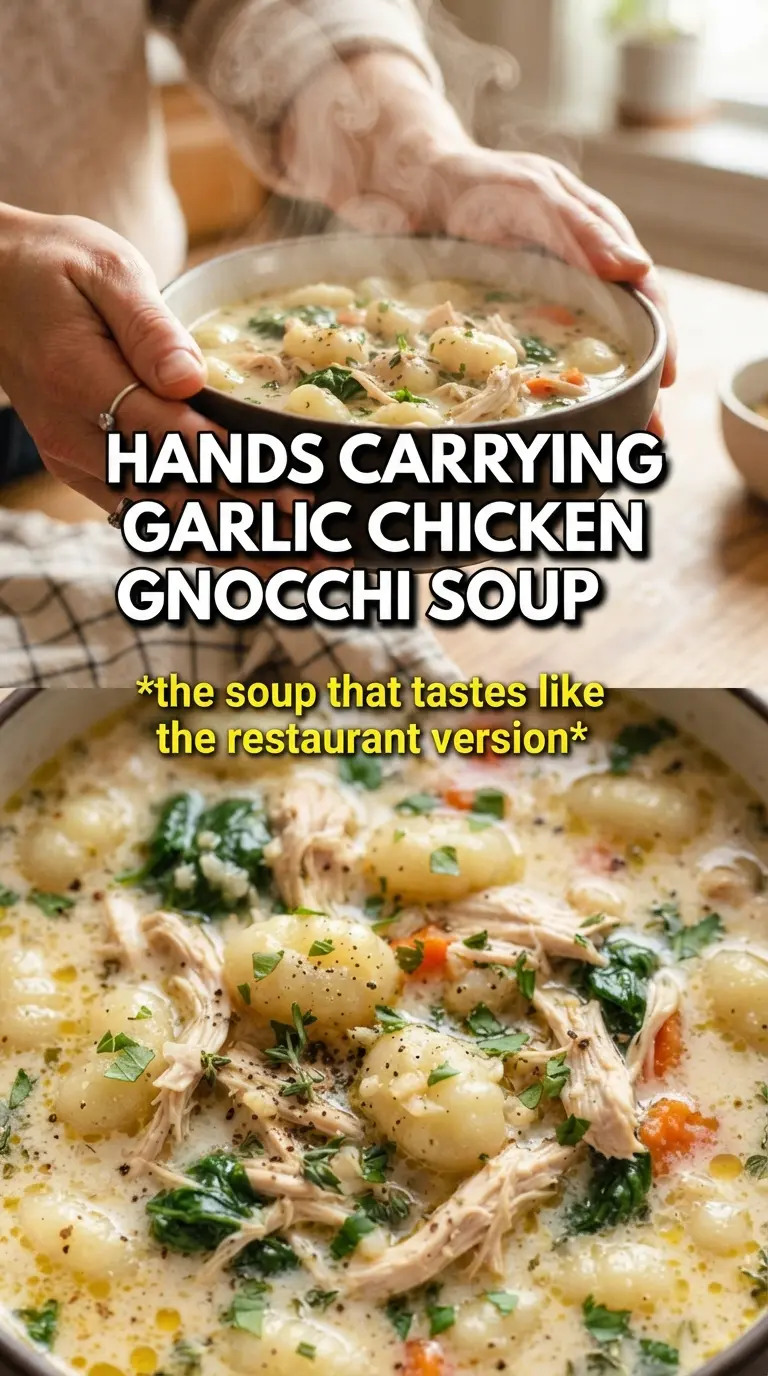 Creamy Garlic Chicken Gnocchi Soup creamy gnocchi, shredded chicken, garlic