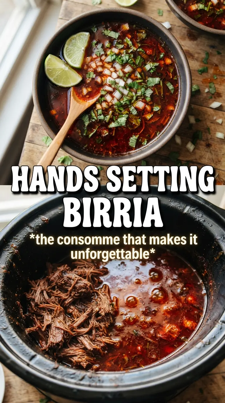 Crockpot Mexican Birria deep red, tender beef, tortilla dipping