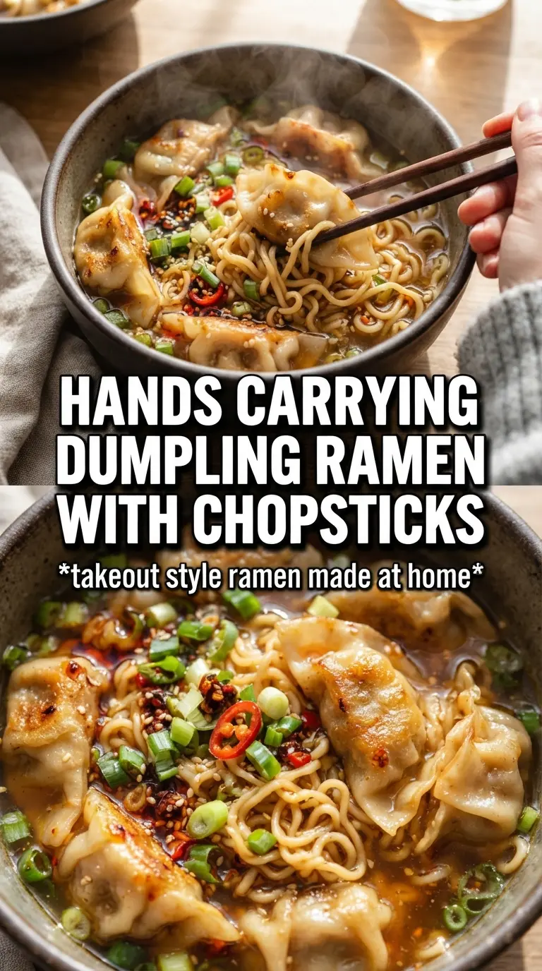 Dumpling Ramen Bowl with soy-miso broth, soft egg, sesame
