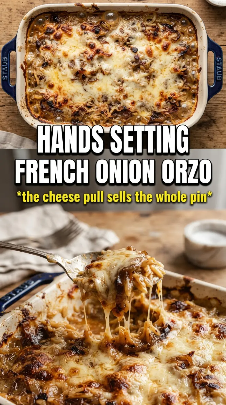 French Onion Chicken Orzo Casserole, cheesy, caramelized