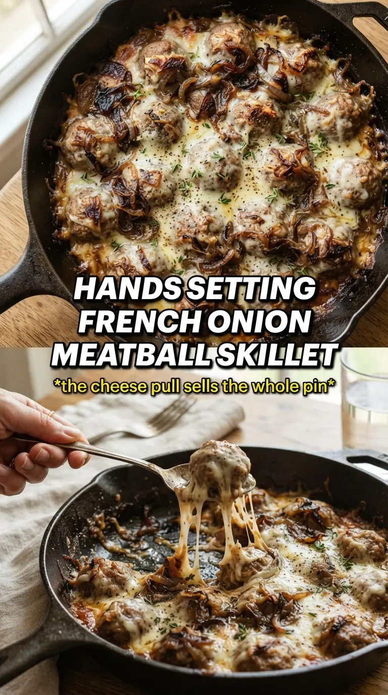 French Onion Meatball Skillet caramelized onions, melted Gruyere, skillet dinner