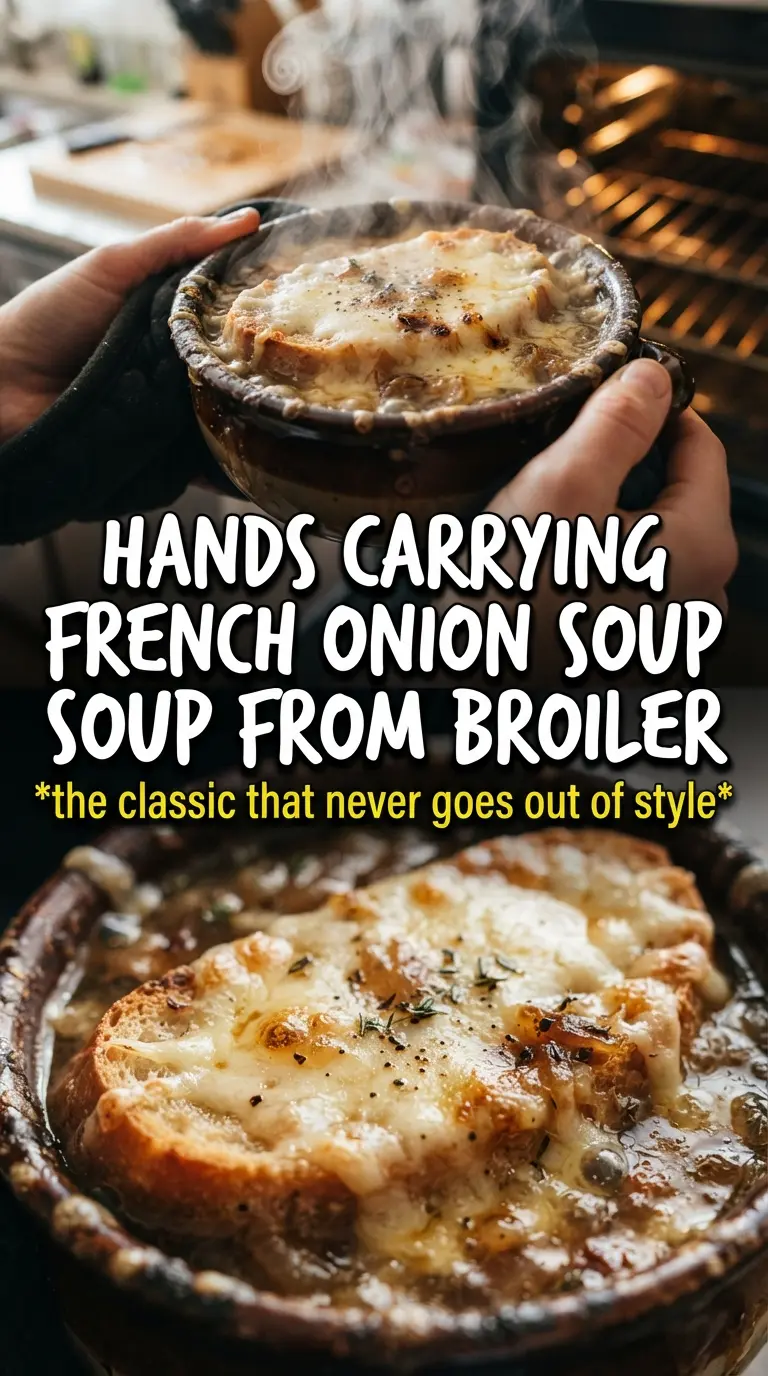 French Onion Soup, caramelized, cheesy, brothy
