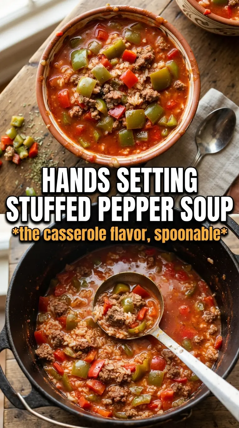 Stuffed Peppers Soup hearty tomato broth, beef, rice